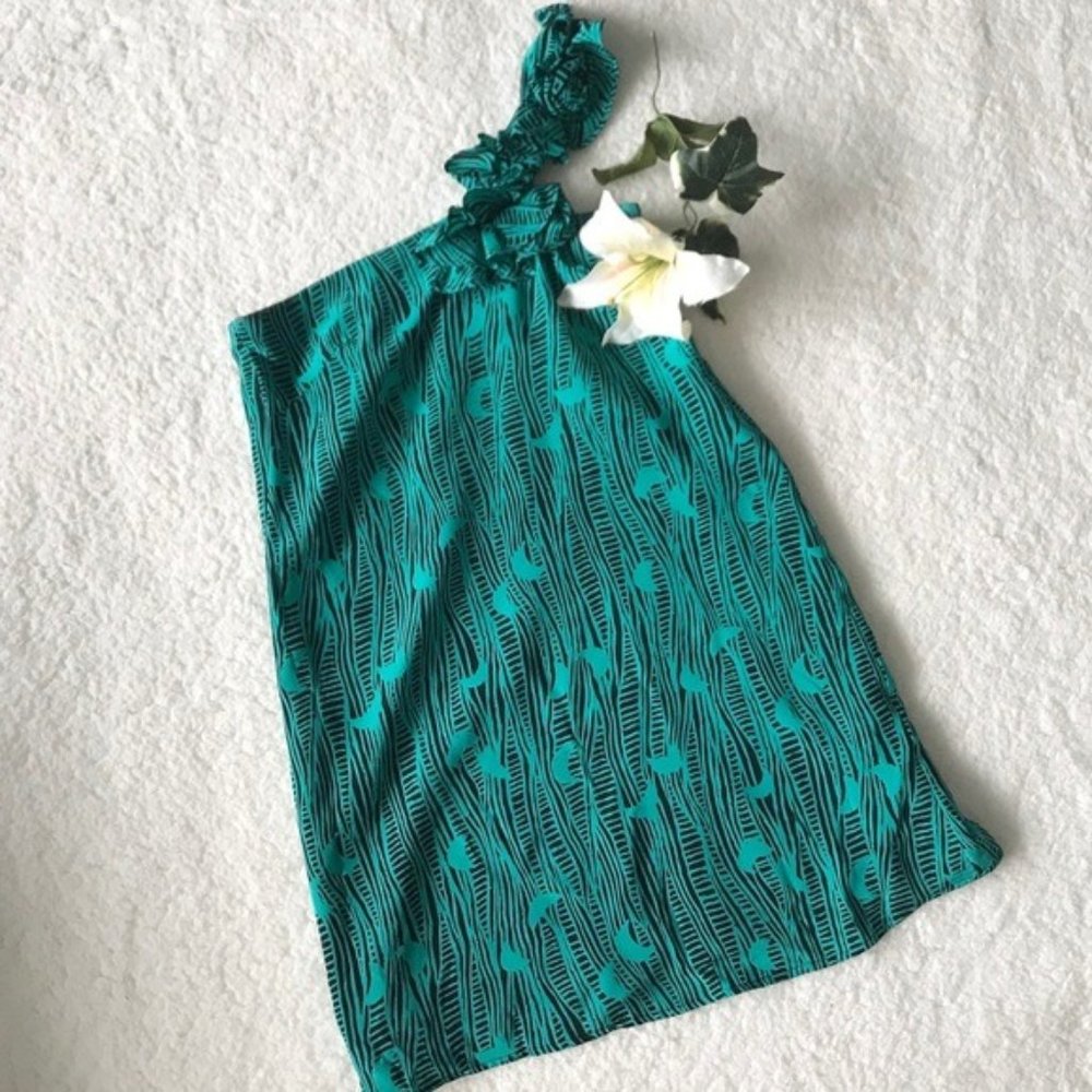 Yumi Kim 100% Silk Printed Cocktail Mini Dress One Shoulder Green H4